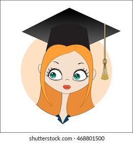 Girl in the square academic cap. Vector illustration.