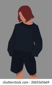 Girl with a square of red. Lady in black sweater and shorts. Vector flat illustration with gray background. A girl in a strict outfit. Design for cards, posters, backgrounds, templates, textiles.