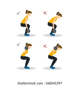 Girl Squats with Barbell Correct or Incorrect Positions Health Care Concept Flat Design Style. Vector illustration