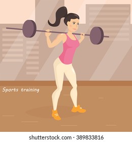 Girl squats with a barbell in the gym. Vector isolated illustration. Cartoon character