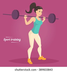 Girl squats with a barbell. Vector isolated illustration. Cartoon character
