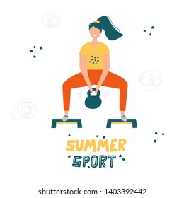 Girl squats with a weight standing on step platforms. Summer sport illustrations collection. Girl power. Active lifestyle concept