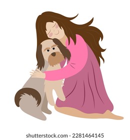 A girl squatting and hugging with love and care dog. Caring for pets, friendship, our smaller brothers