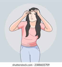 girl squeeze pimple in forehead because irritation skin 