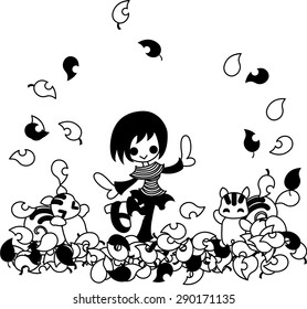 A girl and squirrels are playing on many fallen leaves like a carpet.