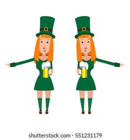 Girl St. Patrick's cartoon. A woman with red hair in a emerald dress. Cheerful man with a mug of foamy beer.