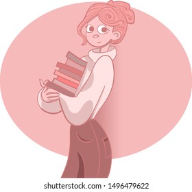 Girl with a stack of books. Cartoon character. Vector stock illustration