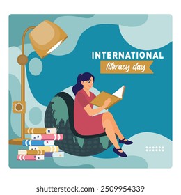 A girl with a stack of books. Sitting on a globe and reading a book. Happy Literacy Day concept. Flat vector illustration.