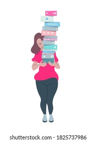 Girl with stack of books. Woman holding books. Pile of books concept. Vector illustration. Isolated on white background. 