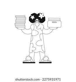 Girl stacks documents, linear vector illustration.