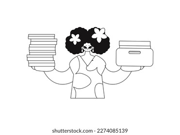 Girl stacks paperwork. Drawn in linear style. Vector art.
