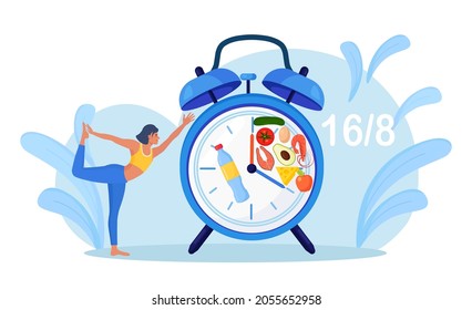 Girl stand balanced in tree pose waiting for time to eat. Yoga. Patience. Intermittent fasting. Woman doing sports, fitness. Dieting, proper nutrition.Time restricted eating. Food intake clock