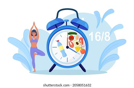 Girl stand balanced in tree pose waiting for time to eat. Yoga. Patience. Intermittent fasting. Woman doing sports, fitness. Dieting, proper nutrition.Time restricted eating. Food intake clock