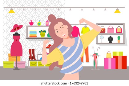 Girl stand in clothes shop. Many garment like dress and shirt, pants and shoes. Accessories jewelry and handbags. Vector illustration in flat style