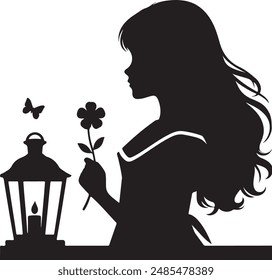 A girl stand with flower in her hand,girl vector silhouette art