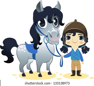 Girl Stand with Small Horse: image isolated on white background