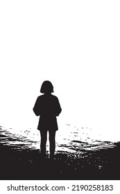 The girl standing alone near the river, sadness and depression concept-Vector.
