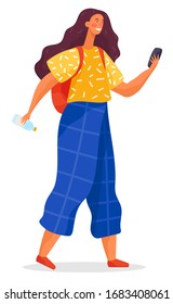 Girl standing alone in summer weather. Student hold phone and messaging to somebody. Person in casual trendy clothes like shirt, pants and with backpack. Vector illustration of posing in flat style