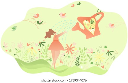 Girl standing among flowers with large watering can above her. Showering with garden can in the meadow. Abstract illustration. Flat vector design.
