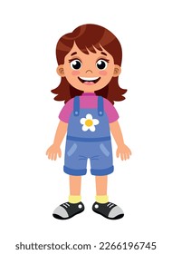 Girl standing for animation. Character standing in denim jumpsuit with flower, purple Tshirt and yellow socks and black sneakers. Constructor, movement and action. Cartoon flat vector illustration