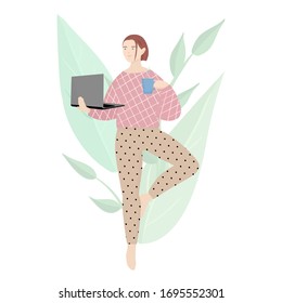 Chica de pie en asana con un ordenador portátil y una taza de café.Trabajo desde casa. Una mujer practica yoga en cuarentena. Ilustración plana vectorial.