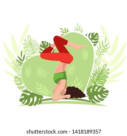The girl is standing in the asana upside down. Yoga for a healthy lifestyle. The concept of outdoor recreation. Vector illustration.