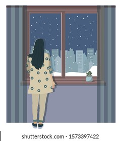 Girl Standing Back At The Window And Looks Outside. Winter, Night Landscape, Home Comfort, Solitude, Sadness. Vector Illustration Isolated On White Background.