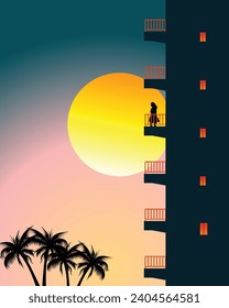 Girl standing in balcony on the beach see sunset evening vector beautiful scene with a sun and two trees night buildng