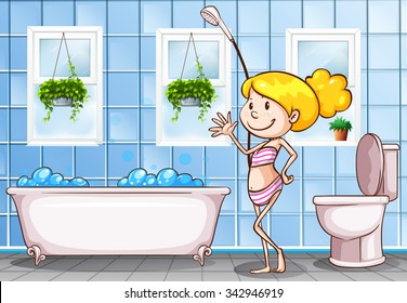 Girl standing in the bathroom illustration