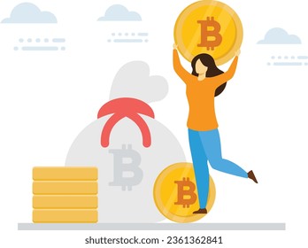 The girl is standing with a bitcoin in her hands.