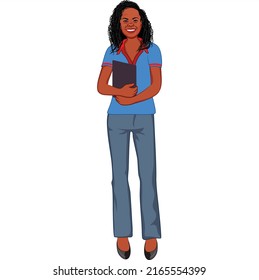 Girl standing with book in hand cartoon vector art and illustration