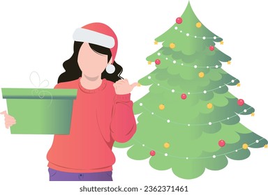 A girl is standing by a Christmas tree holding a gift.