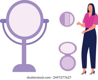 The girl is standing by the mirror.