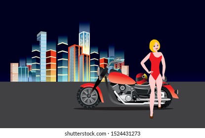 The girl standing by motorbyke, night city light on background, vector