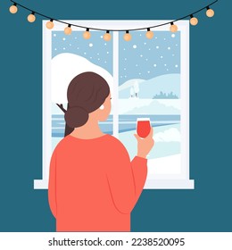 Girl standing by the window, back view.A woman with a wineglass enjoys the winter landscape.  Winter window, snowy weather.Vector illustration