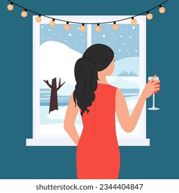 Girl standing by the window, back view.A woman with a wineglass enjoys the winter landscape.  Winter window, snowy weather.Vector illustration