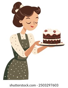 Girl Standing with Cake in Hand, Celebration and Festive Design - Flat Vector Illustration