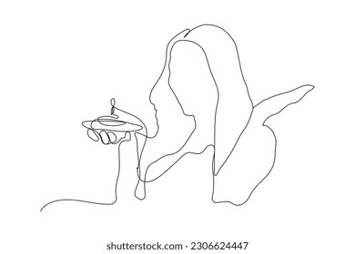A girl is standing with a cake in her hand continuous line drawing . young girl line art dewing vector. single line 
drawing 