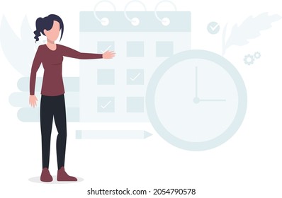 girl standing with calendar and time clock.