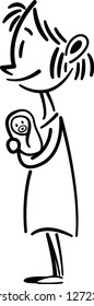 A girl standing and carrying infant, Mother carrying her child. Vector illustration. Simple line cartoon.