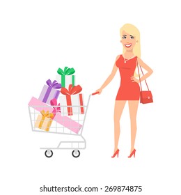 Girl standing with cart and gifts