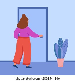 Girl Standing Close To Entrance Door And Holding Handle. Woman Entering Into Room Of Home Apartment Or Leaving House Flat Vector Illustration. New Way, Initiative And Inspiration, Opportunity Concept