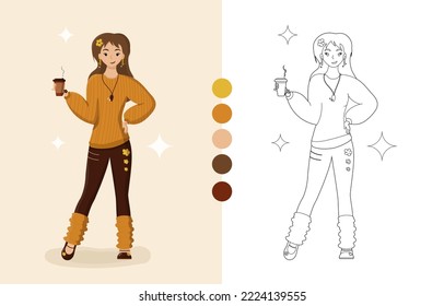 Girl standing with coffee colorin gbook. Vector illustration. A woman in an orange striped sweater and brown pants. Clothes pattern flowers and stars. Coloring by children and adults, print.