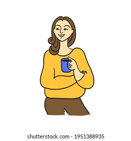 a girl standing with a cup in her hand