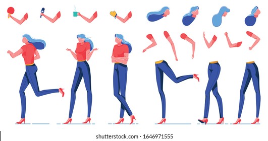 Girl Standing in Different Positions, Running Flat Cartoon Vector Illustration. Woman Character Constructor. Body Parts, Hands Holding Racket for Ping Pong, Microphone, Cup for Hot Drink, Glove.