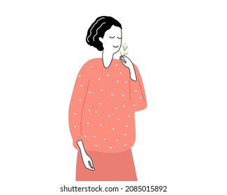 Girl standing with eyes closed and sniffing flower. Young woman enjoys fragrance flower. Female with caral color casual clothes. Hand drawn sketch vector illustration isolated on white background.