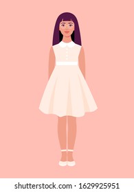 A girl is standing in a festive summer dress and smiling. Schoolgirl on vacation. Vector flat illustration