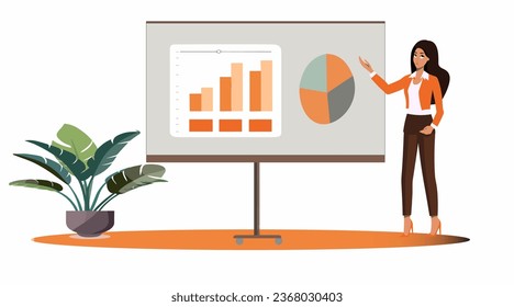 Girl standing in front of a board and giving a presentation, vector flat illustration	