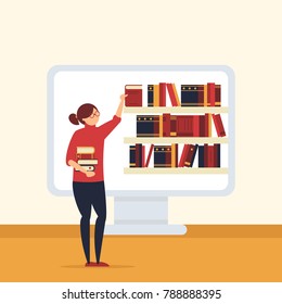 Girl standing in front of computer with pile of books in her hands. Book shelves on desktop PC screen. Concept illustration of distance studying and self education, online library.