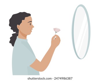 A girl standing in front of the mirror and holding a flower in Self care concept.	
